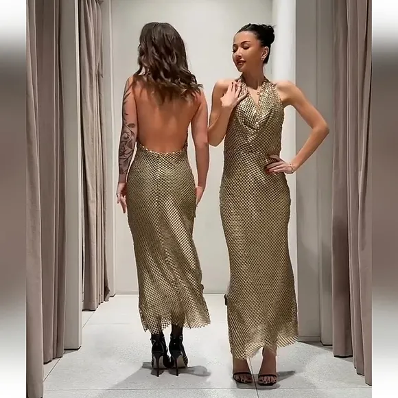 Zara Gold Mesh Slip Dress Gold Size S