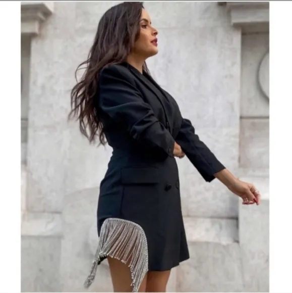 Zara Jewel Fringe Blazers Dress Black Size S