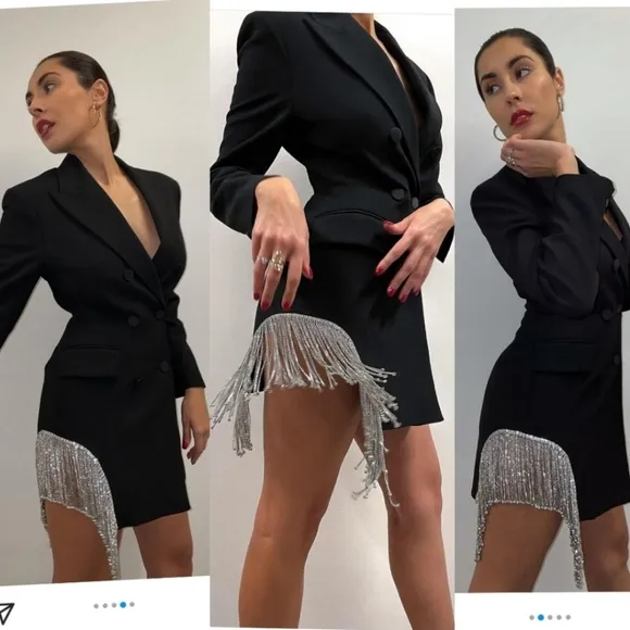 Zara Jewel Fringe Blazers Dress Black Size S