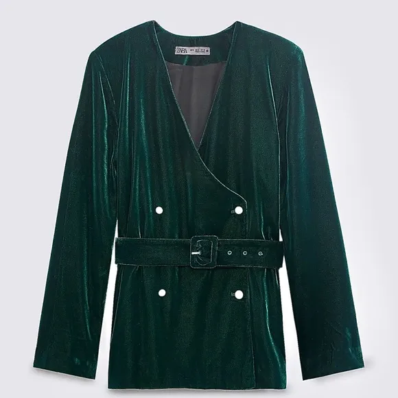 Zara NWOT lapel less collarless emerald green belted blazer