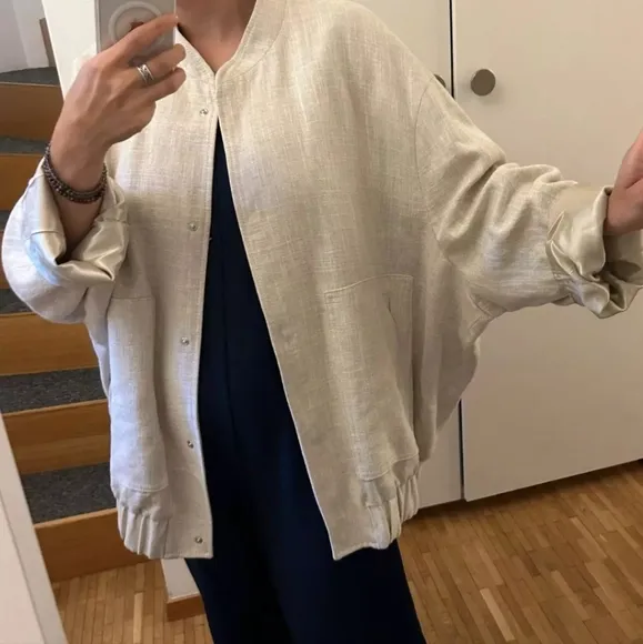 Zara Oversize Linen Blend Bomber Jacket Sand Size M