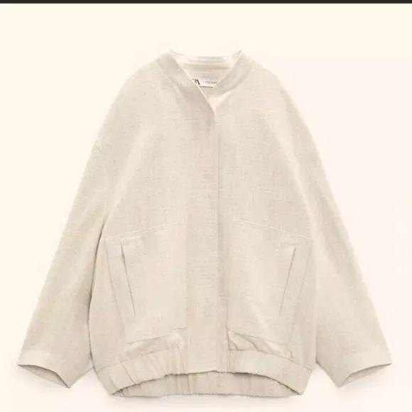 Zara Oversize Linen Blend Bomber Jacket Sand Size M