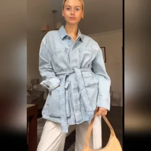 Zara Oversized * Cargo Belted Denim Jean Jacket Overshirt Blue size XS