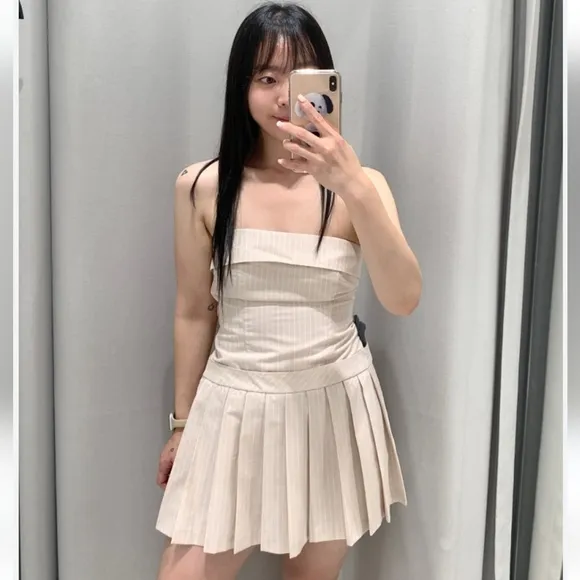 Zara pleated striped strapless dress size L