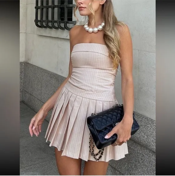 Zara pleated striped strapless dress size L