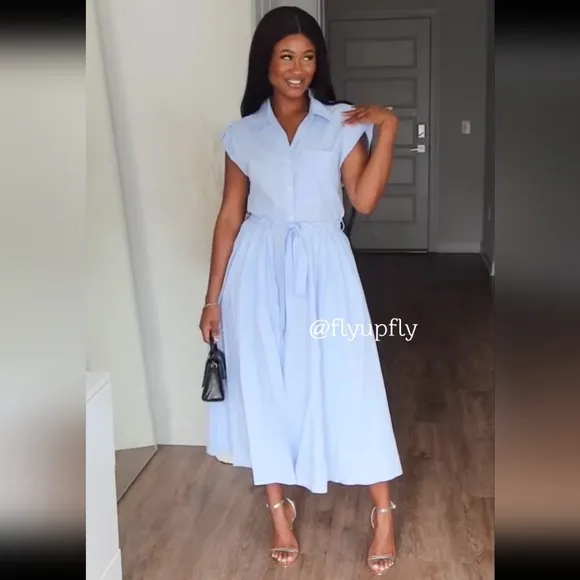 Zara  Poplin Sleeveless Collared Shirt Midi Dress Blue