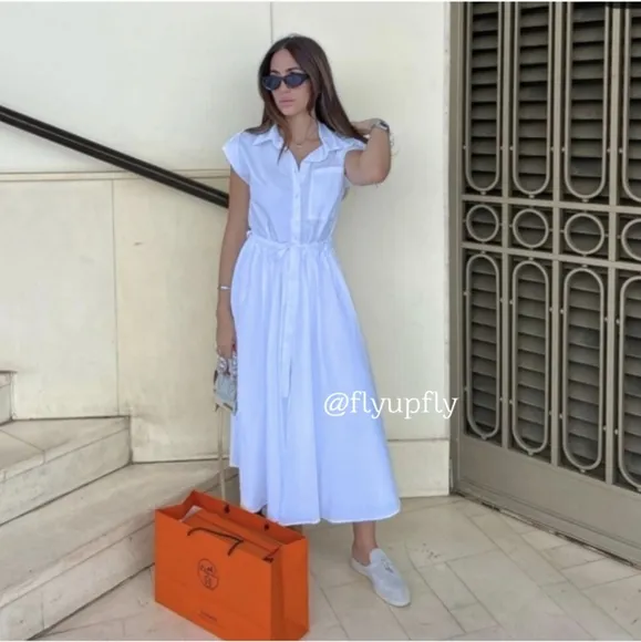 Zara  Poplin Sleeveless Collared Shirt Midi Dress Blue