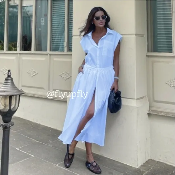 Zara  Poplin Sleeveless Collared Shirt Midi Dress Blue