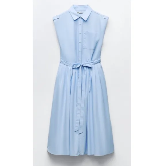 Zara  Poplin Sleeveless Collared Shirt Midi Dress Blue