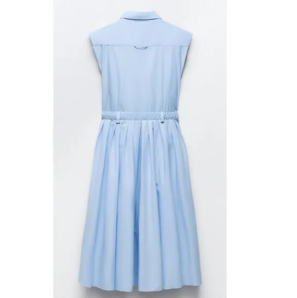 Zara  Poplin Sleeveless Collared Shirt Midi Dress Blue