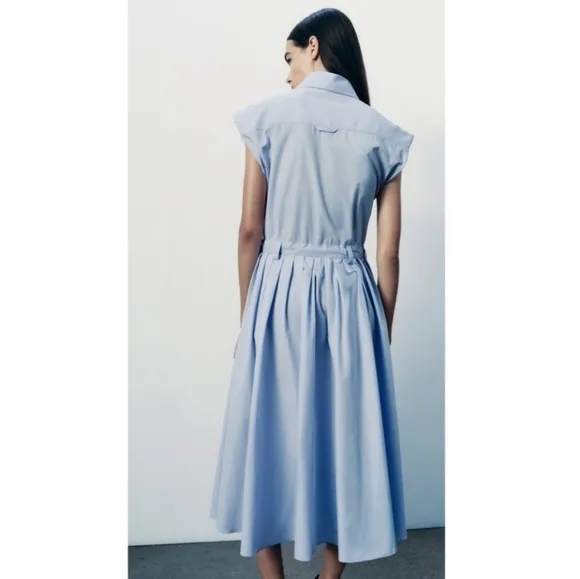 Zara  Poplin Sleeveless Collared Shirt Midi Dress Blue