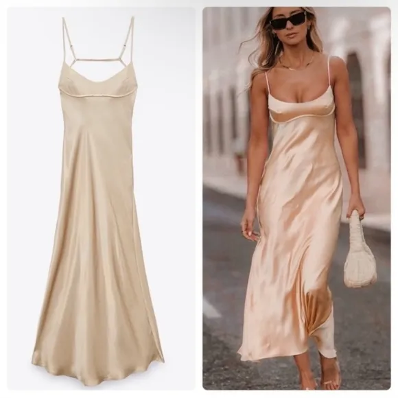 Zara Satin Effect  Slip Dress Beige Cream Size L