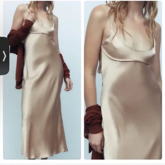 Zara Satin Effect  Slip Dress Beige Cream Size L