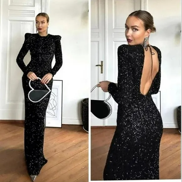 Zara  SEQUIN MAXI DRESS GOWN BLACK SIZE XS
