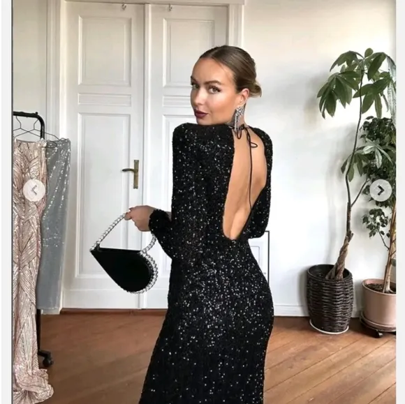 Zara  SEQUIN MAXI DRESS GOWN BLACK SIZE XS