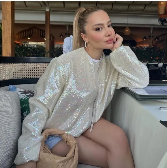 ZARA SEQUINED BOMBER JACKET BEIGE SIZE S