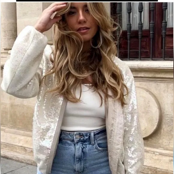 ZARA SEQUINED BOMBER JACKET BEIGE SIZE S