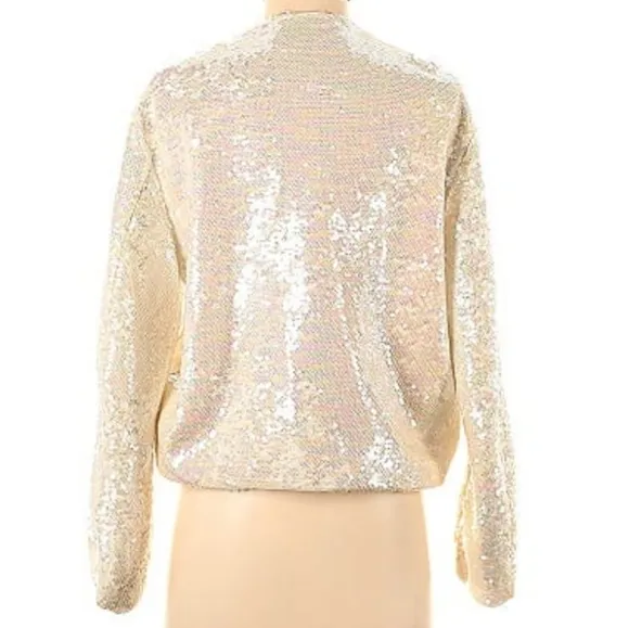 ZARA SEQUINED BOMBER JACKET BEIGE SIZE S
