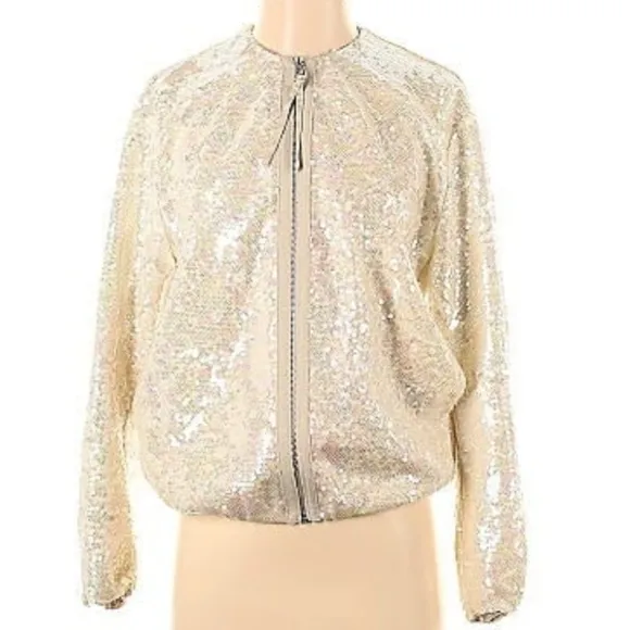 ZARA SEQUINED BOMBER JACKET BEIGE SIZE S