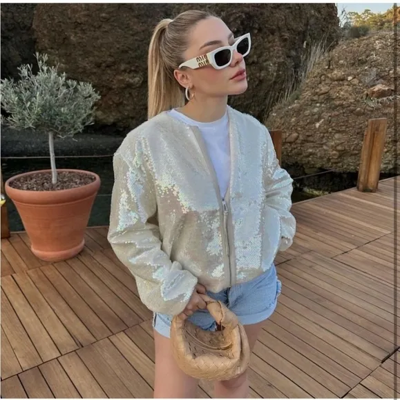 ZARA SEQUINED BOMBER JACKET BEIGE SIZE S