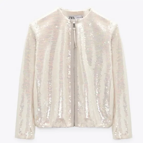 ZARA SEQUINED BOMBER JACKET BEIGE SIZE S