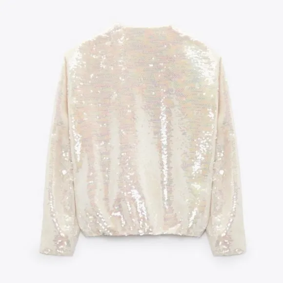 ZARA SEQUINED BOMBER JACKET BEIGE SIZE S