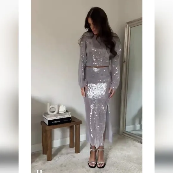 Zara * Set Sequin Skirt &amp; Top Silver Size S