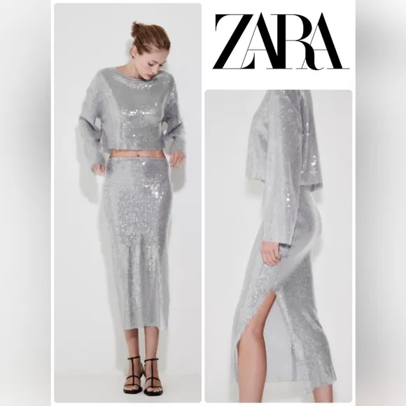 Zara * Set Sequin Skirt &amp; Top Silver Size S