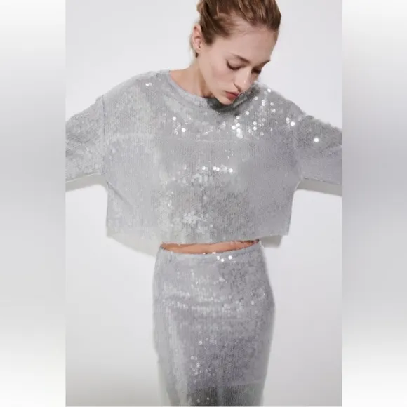 Zara * Set Sequin Skirt &amp; Top Silver Size S