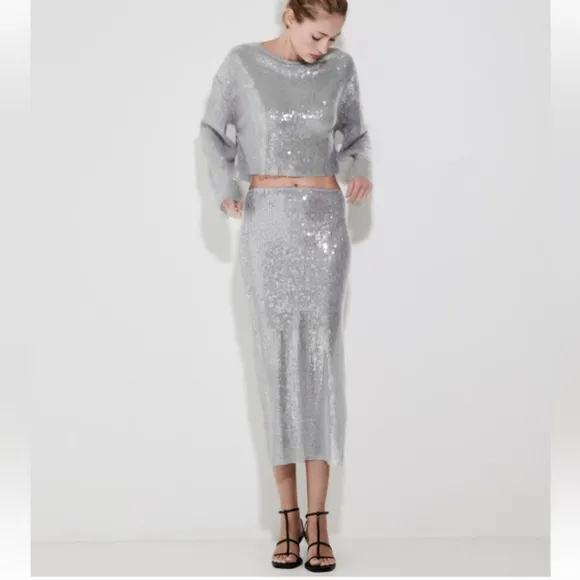 Zara * Set Sequin Skirt &amp; Top Silver Size S