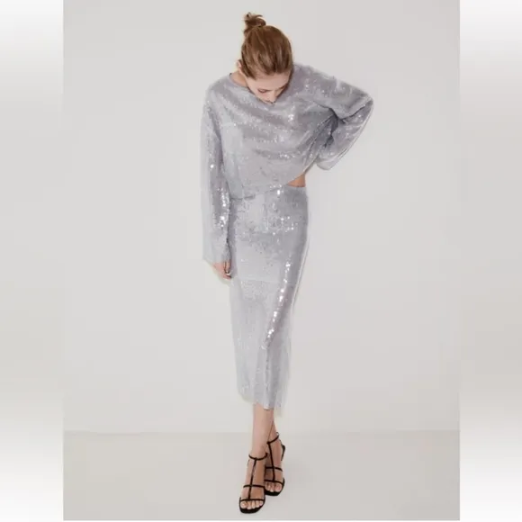 Zara * Set Sequin Skirt &amp; Top Silver Size S