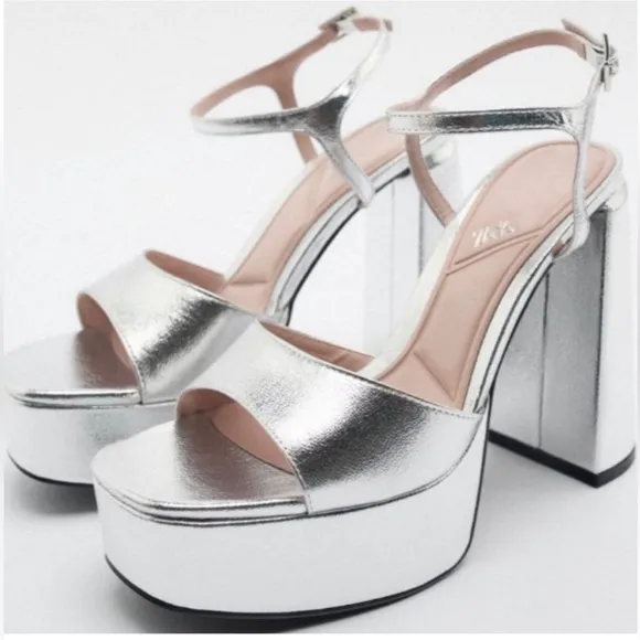 ZARA Silver Platform Heels Shoes Party Vacation Wedding Dance Size 10 41 Shiny