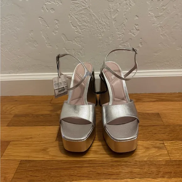 ZARA Silver Platform Heels Shoes Party Vacation Wedding Dance Size 10 41 Shiny