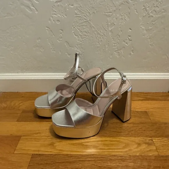 ZARA Silver Platform Heels Shoes Party Vacation Wedding Dance Size 10 41 Shiny