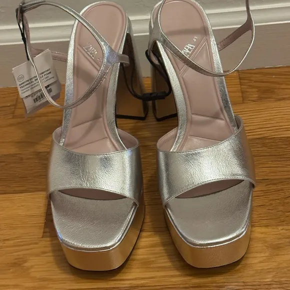ZARA Silver Platform Heels Shoes Party Vacation Wedding Dance Size 10 41 Shiny