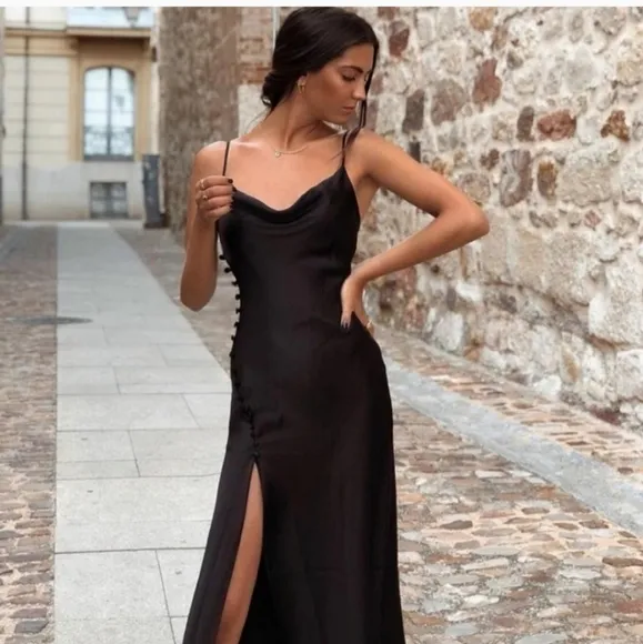 ZARA Slip Dress Black Lingerie Style Midi Blogger Fave! SIZE S