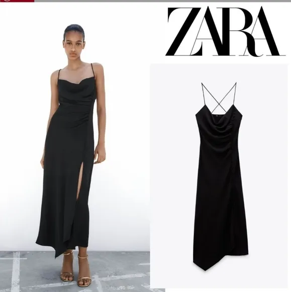 ZARA Slip Dress Black Lingerie Style Midi Blogger Fave! SIZE S