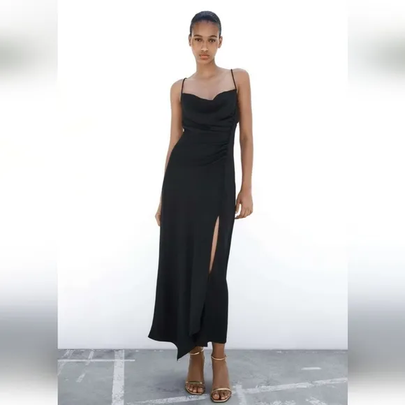 ZARA Slip Dress Black Lingerie Style Midi Blogger Fave! SIZE S