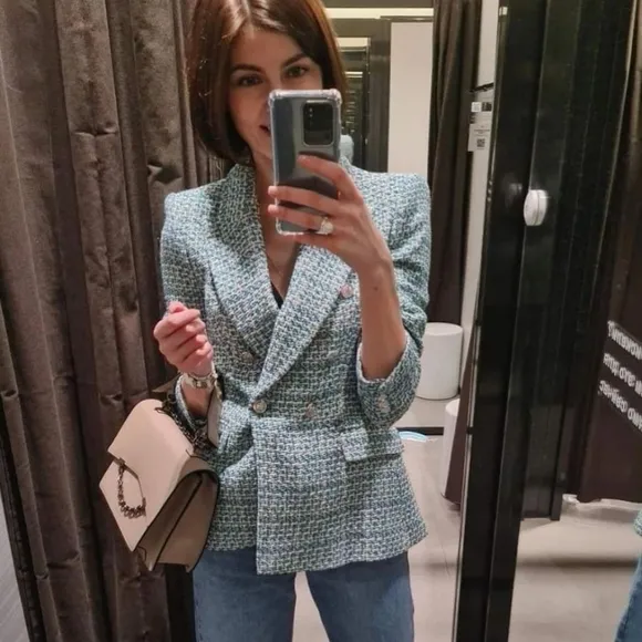 Zara textured tweed double breasted blazer size S