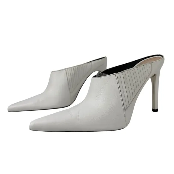 ZARA WHITE LEATHER SLIP IN RUNWAY STYLE HIGH HEEL MULE SHOE SANDAL Sz. 40 USA 9