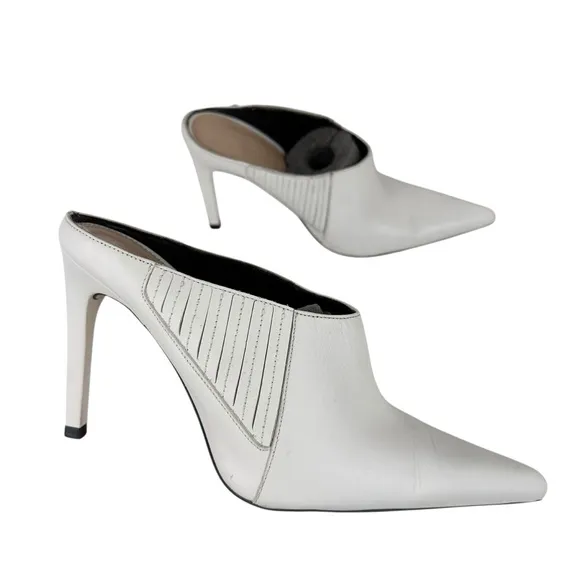 ZARA WHITE LEATHER SLIP IN RUNWAY STYLE HIGH HEEL MULE SHOE SANDAL Sz. 40 USA 9