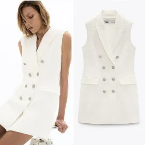 Zara  White Tweed Textured Vest Waistcoat Blazer Dress Size S