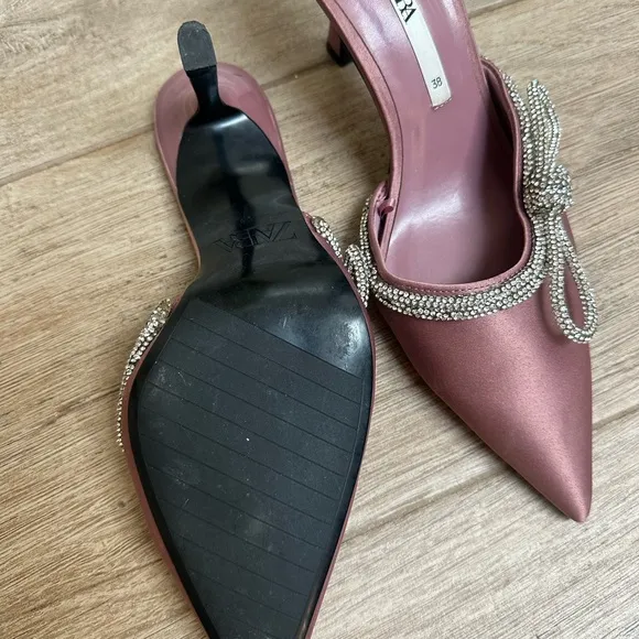 Zara Women's Pink Satin Heels with Rhinestone Detail