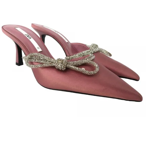 Zara Women's Pink Satin Heels with Rhinestone Detail