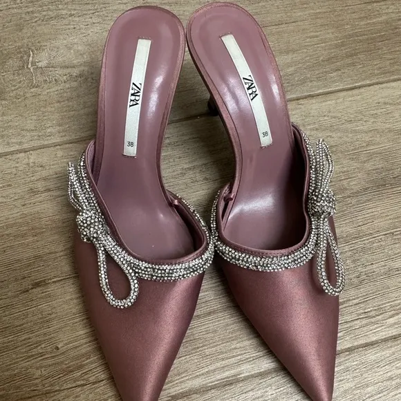 Zara Women's Pink Satin Heels with Rhinestone Detail