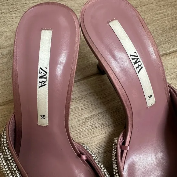 Zara Women's Pink Satin Heels with Rhinestone Detail