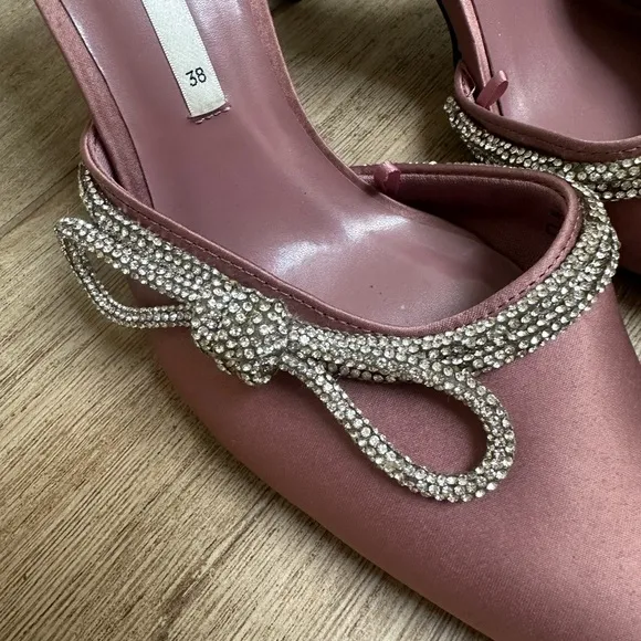 Zara Women's Pink Satin Heels with Rhinestone Detail