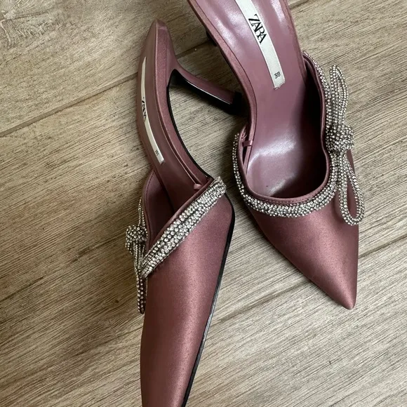 Zara Women's Pink Satin Heels with Rhinestone Detail