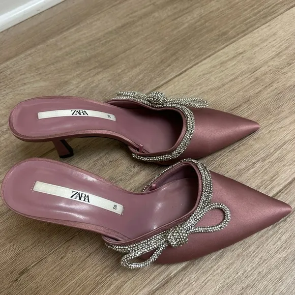 Zara Women's Pink Satin Heels with Rhinestone Detail