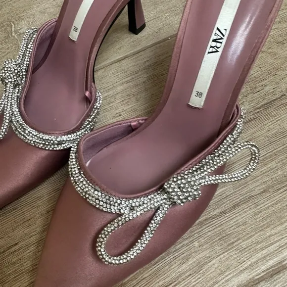 Zara Women's Pink Satin Heels with Rhinestone Detail